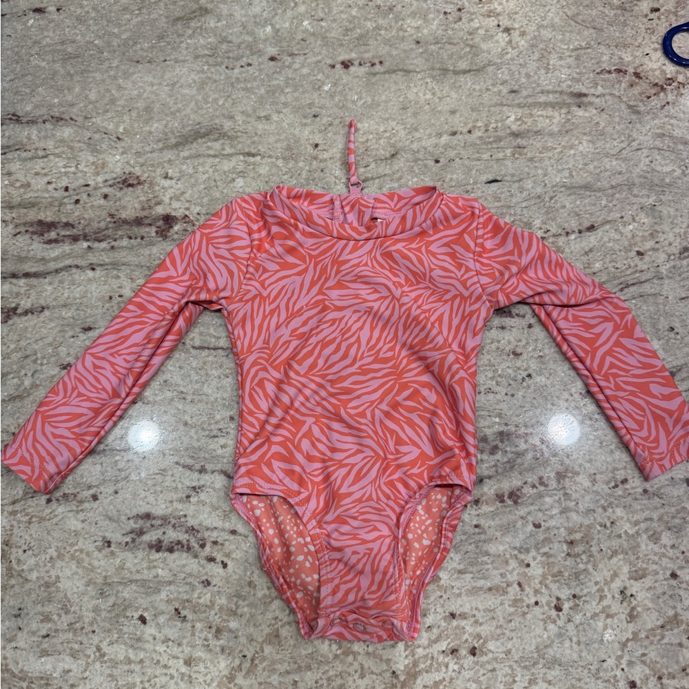 Girls' Coral Pink Long-Sleeve One-Piece Swimsuit
